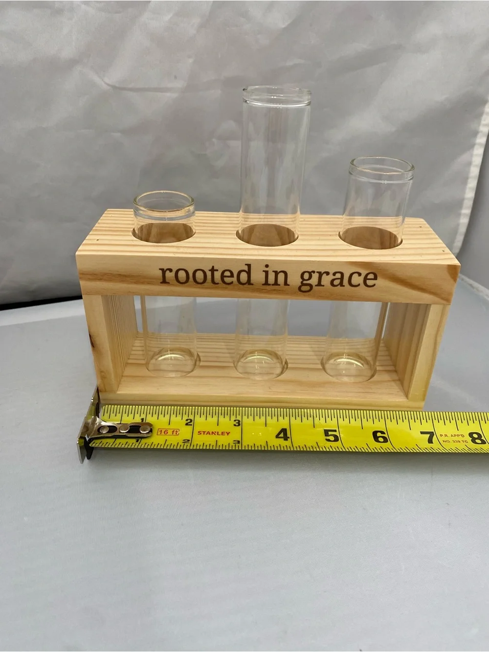 'Rooted in Grace' Natural Wood Test Tube Vase Set - Clear Glass